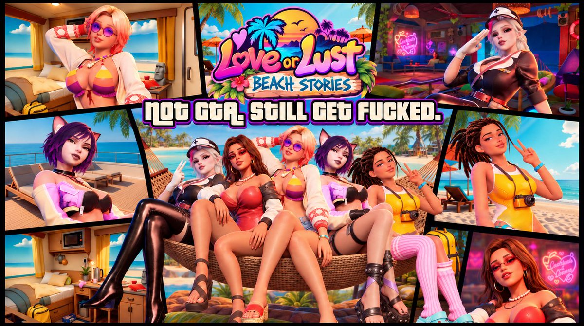 nighticonstudio's tweet photo. Vice City is 20 days late. The Beach Bar is open October 30.

Love or Lust will be released on October 30, 20 days before another game about stealing cars. We’re more into stealing hearts, tips, and the occasional glance.

The beach 🏖️, the neon lights, the palm trees, and all those people with far too many secrets? That's the same vibe. The only difference is that you don't need a PlayStation, just a bar towel and no shame.

🚔 GTA: steal a car, get a wanted level.
🥃 Us: pour a drink, get a phone number.
🔫 GTA: shots fired.
🍹 Us: shots poured.

Love or Lust: Beach Stories is an adult 3D visual novel featuring explicit scenes, animated gameplay, uncensored conversations, a large number of choices, and various endings.

No six-star wanted level. Just five girls who want you.

October 30. Don’t wait for November. The bar is open.🍸

Not GTA. Still get fucked.

🎁 Add Love or Lust: Beach Stories to your wishlist and send us a screenshot to get a little naughty gift from us! 😈🔥

We’ll send you a spicier version of our banner just for you. 😉🍸

https://t.co/bLKFvYMjaV