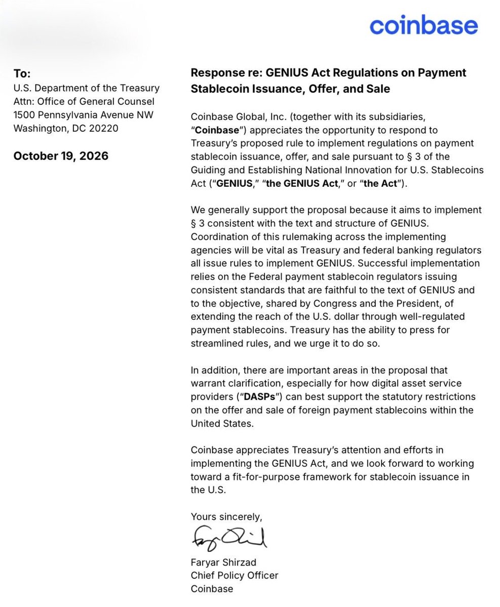 RVanGrack's tweet photo. The GENIUS Act is a critical step toward US leadership in dollar-backed stablecoins.

Now comes implementation. Coinbase's comments to @USTreasury call for consistent standards across agencies that are faithful to the legislation.

Getting the details right will extend the strength and reach of the US dollar.