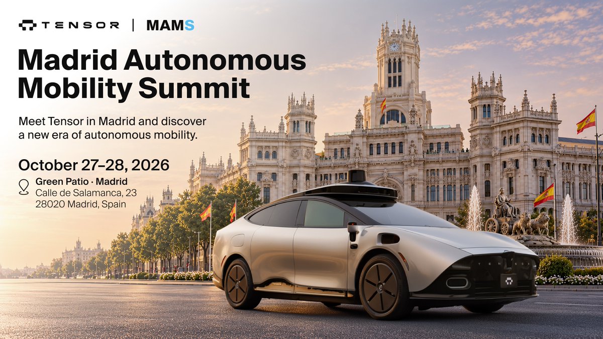 TensorAuto's tweet photo. Next stop: Madrid 🇪🇸

See the world’s first personal Robocar up close at the Madrid Autonomous Mobility Summit (#MAMS2026). It’ll be on display Oct 27–28.

📍 Green Patio, Madrid
🎟️ https://t.co/JVb5gpIUpc

#MAMS2026 #Tensor #Robocar #AutonomousVehicles #SelfDriving #Level4 #AgenticAI #ArtificialIntelligence #FutureOfMobility