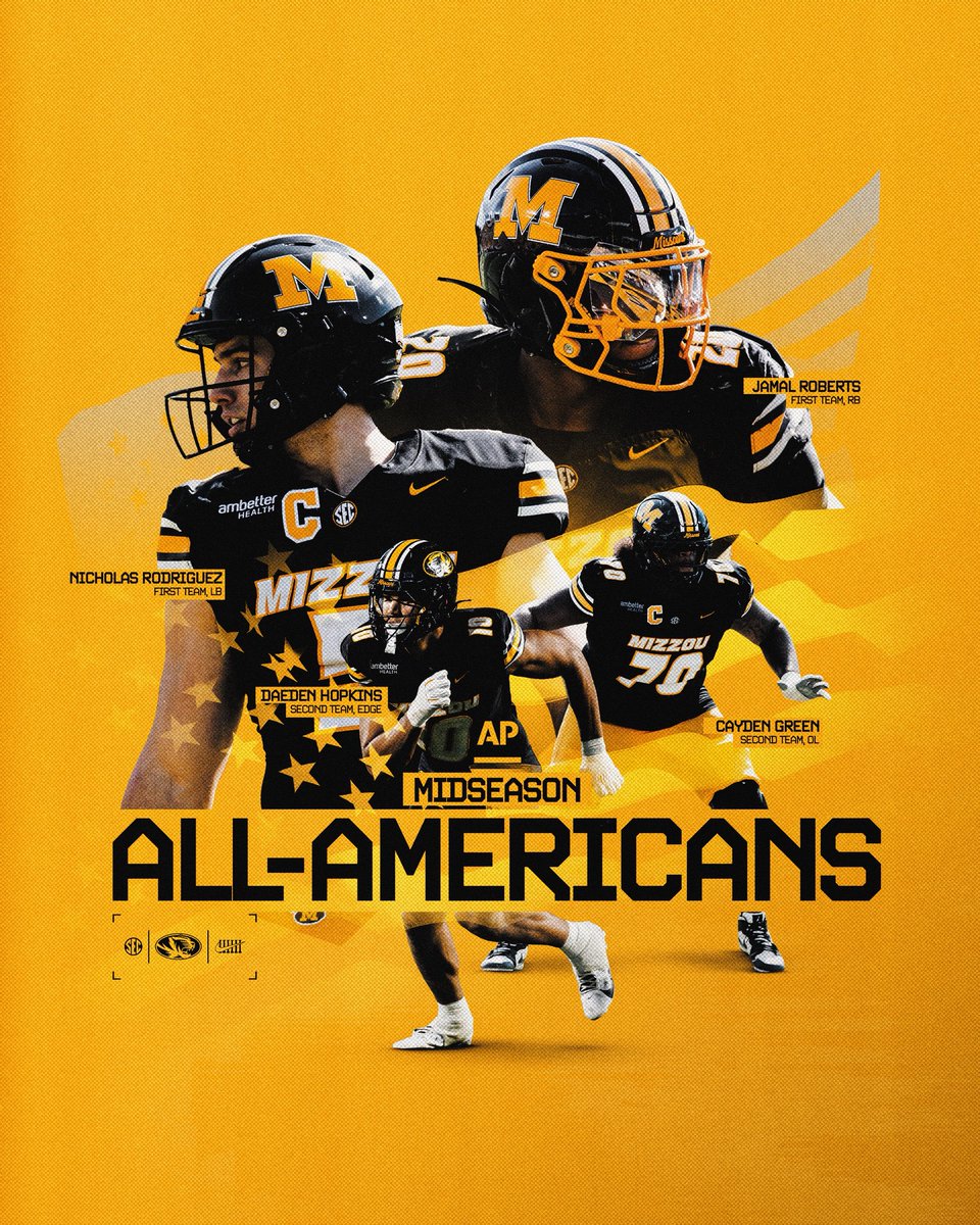 MizzouFootball's tweet photo. Midseason @AP All-Americans 🇺🇸

🇺🇸 @n_rodriguez5 
🇺🇸@0fficialmal20 
🇺🇸@HopkinsDaeden 
🇺🇸 Cayden Green https://t.co/0gPSMZp5X0