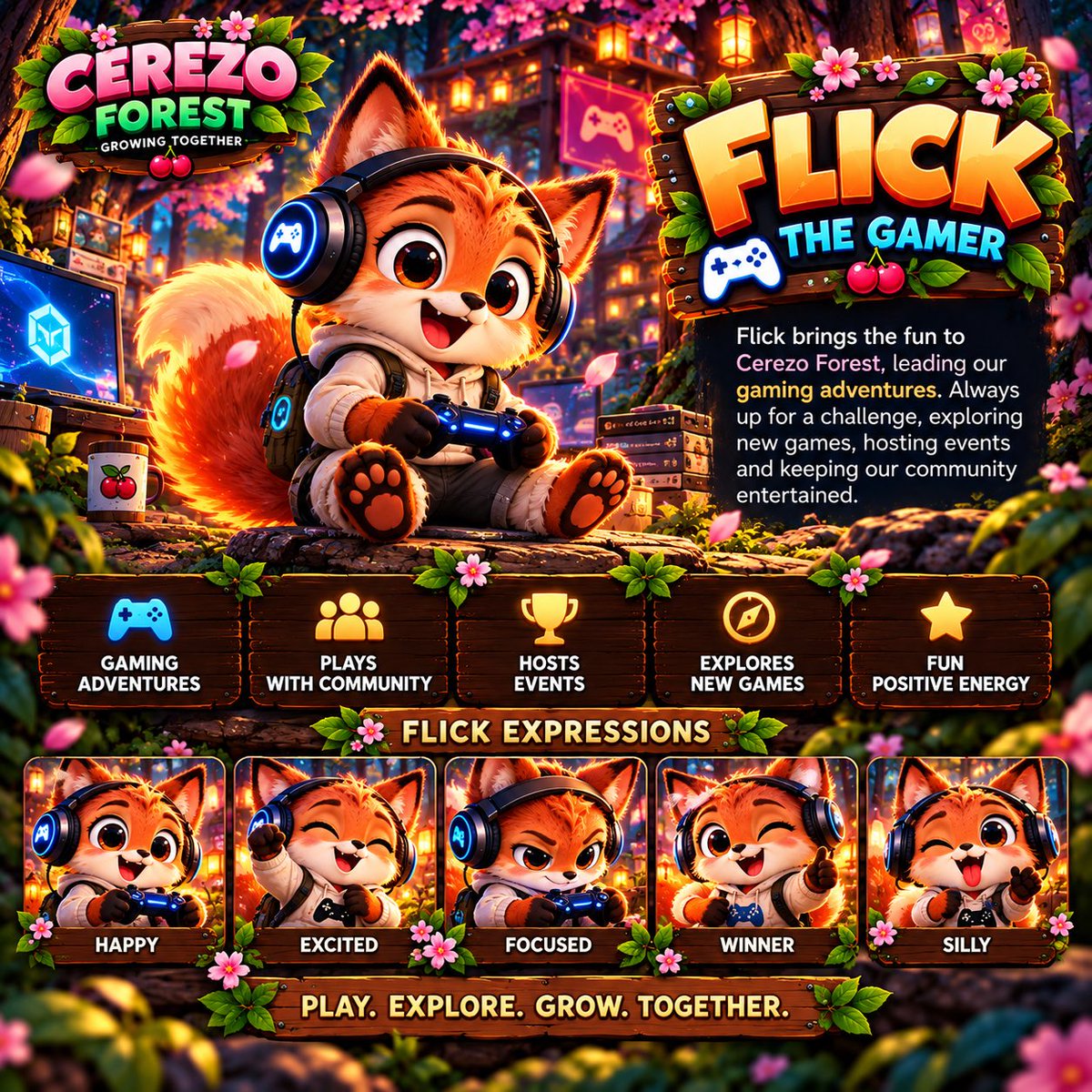 CerezoForest's tweet photo. 🦊🎮 Day 3: Meet Flick — The Gamer of Cerezo Forest! 🌳🍒

Flick brings the fun, explores new games, sparks gaming adventures and brings our community together through play. 🕹️✨

Play. Explore. Grow. Together! 💚

🌐 https://t.co/osFQZcpA3X
💬 https://t.co/ldpvQLhtEc https://t.co/oWg6JCgB3w