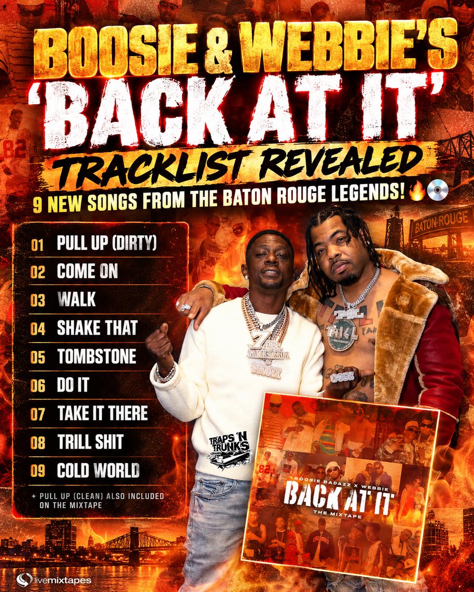 trapsntrunks's tweet photo. 🚨🔥 BOOSIE & WEBBIE’S “BACK AT IT” TRACKLIST REVEALED!

The Baton Rouge legends are officially BACK TOGETHER, and the tracklist for their highly anticipated joint mixtape has surfaced! 🐐💿

The project features 9 brand-new songs, including “Pull Up,” “Come On,” “Walk,” “Shake That,” and “Trill Shit,” with production from J BUC, Big Wayne, Steery, Stacks & more! 🔥

🚨 “BACK AT IT” DROPS TONIGHT AT 8 PM EST EXCLUSIVELY ON LIVEMIXTAPES! ⏰💿

It’s been a long time coming for these two Louisiana legends! 💯

Y’all think Boosie & Webbie still got that classic Trill Entertainment chemistry?! 👀👇