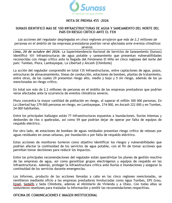 jesusverdeL's tweet photo. 2.2 millones de personas en cinco regiones del país tendrán problemas con el suministro de agua durante el fenómeno de El Niño debido a las deficiencias que presentan más de cien infraestructuras de agua y saneamiento. Piura es la región más vulnerable. https://t.co/RWy8cAGQKf