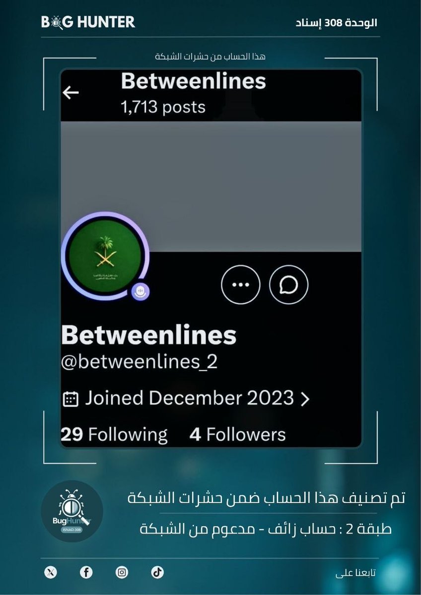 SlahKalai's tweet photo. كشف حساب مشبوه بواسطة @bughunter_App:
الحساب زائف (طبقة 2 - #ذباب_إلكتروني)
ويُظهر نمطًا متكررًا في المحتوى: 
تعزيز الانقسام المجتمعي + خطاب تخذيل ممنهج + فتن طائفية + بروباغندا موجهة
لحماية المساحة الرقمية وجعلها أكثر موثوقية، يُنصح بالإبلاغ عنه:
https://t.co/sieSRU50Cy https://t.co/LMIjsFnAGk