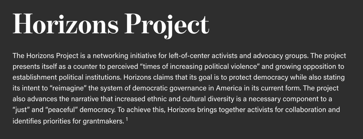 DataRepublican's tweet photo. Horizons Project is Erica Chenoweth's brainchild, and brings foreign regime change techniques into the United States umbrella. Its goal is to "reimagine" the United States system of governance. 

Rear Admiral Mike Smith (RET), shown here, in addition to being NSL4A founder and leading the United Democracy Alliance under the Horizons Project "Big Tent" initiative... also leads Horizons Project's Insurrection Act Working Group.