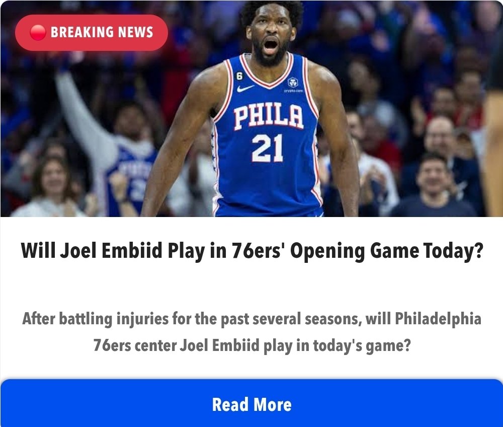 InsideInjuries's tweet photo. Will Joel Embiid Play in 76ers' Opening Game Today?
https://t.co/LhS8205oe8 https://t.co/6F8KiO0CuQ