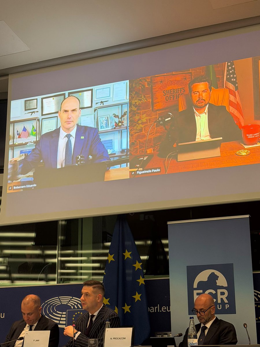 BolsonaroSP's tweet photo. 🇧🇷🇪🇺 TODAY’S ADDRESS TO THE EUROPEAN PARLIAMENT

Today, I had the honor of addressing the European Parliament alongside @pfigueiredo08, at the invitation of the ECR Group @ecrgroup @FidanzaCarlo @AdamBielan, to discuss Brazil’s elections, political persecution, and the importance of ensuring a free, fair, and transparent electoral process.

I began by expressing my regret that I could not attend in person due to a recently issued arrest warrant against me by Alexandre de Moraes, whom I consider a notorious human rights violator.

I made a clear appeal to Members of the European Parliament: closely monitor Brazil’s elections.

I also addressed issues that extend far beyond our national borders:

🇬🇧 UNITED KINGDOM: The growing challenges to freedom of speech and cases of individuals being arrested over social media posts.

🇫🇷 FRANCE: Recent outbreaks of violence, the unwillingness to openly debate illegal immigration, and the consequences for public safety.

🇧🇷 BRAZIL: Political persecution, the potential impact of international sanctions, and questions surrounding USAID funding.

All these developments are deeply interconnected by a common thread: the erosion of freedom in each of these countries.

During the meeting, the São Paulo Forum was brought up twice. I also shared my perspective on the potential of the Shield of the Americas to strengthen regional cooperation in the fight against narco-terrorism and organized crime.

I expressed my gratitude to the European lawmakers who have closely followed the situation in Brazil, thanking them for their letters, expressions of solidarity, and prayers.

I also reaffirmed our unwavering commitment to the principles of God, Homeland, Family, and Freedom, alongside our dedication to public safety and economic development.

I concluded by asking God to bless all those facing these challenges, both in Brazil and across Europe.

The defense of freedom does not stop at national borders. And Brazil’s voice must be heard.