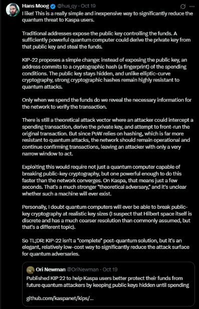 elperorr's tweet photo. ⚡ Kaspa $KAS just took a big step toward quantum resistance with KIP 22 by @OriNewman, keeping public keys hidden until spent.

Optional privacy is also making big strides thanks to @WellerOlaf's initiative.

The KCC20 L1 token standard is around the corner.

The real endgame! https://t.co/3NTkNHmDqf