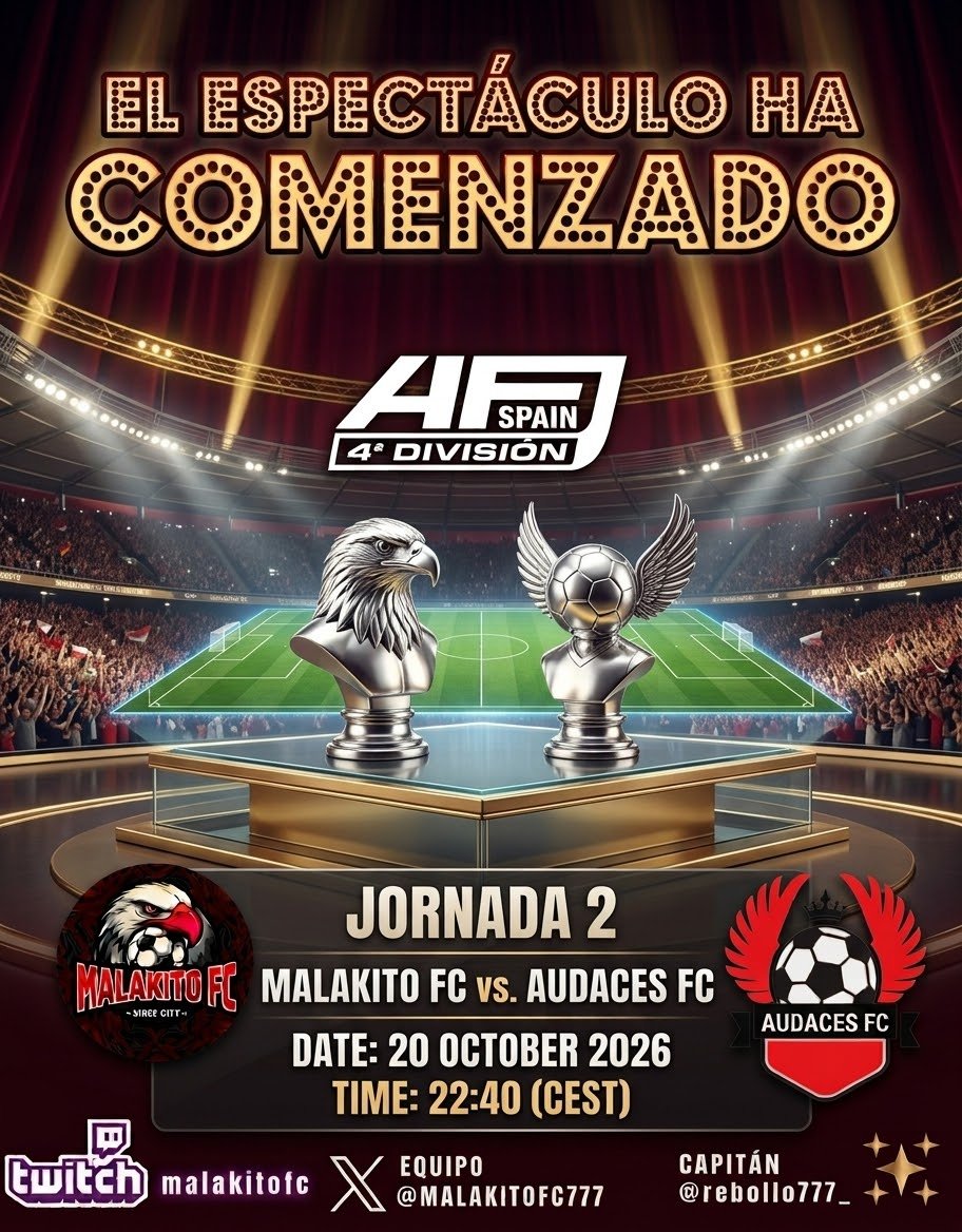 MALAKITOFC777's tweet photo. Volvemos al césped en @AFJSpain está noche tras el empate de anoche frente a @BirminghamBlues,está noche ante #Audacesfc, rival desconido para nosotros donde se intentará conseguir la primera victoria y conseguir +3. @easportsfces #clubespro #11vs11 💪⚽🎮. Vamooos @MALAKITOFC777 https://t.co/SVyxKPRSdn