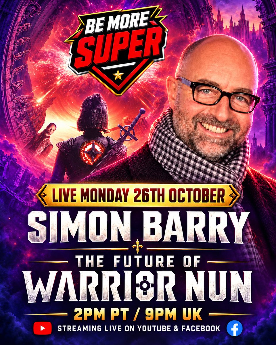 bemoresuper's tweet photo. I am absolutely THRILLED to announce that this Monday, I’ll be joined LIVE on Be More Super by the incredible SIMON BARRY, creator and showrunner of Netflix’s WARRIOR NUN! 🎬 @OCSNewsletter 

https://t.co/zKGtamYiSY https://t.co/foDS0d32Rf