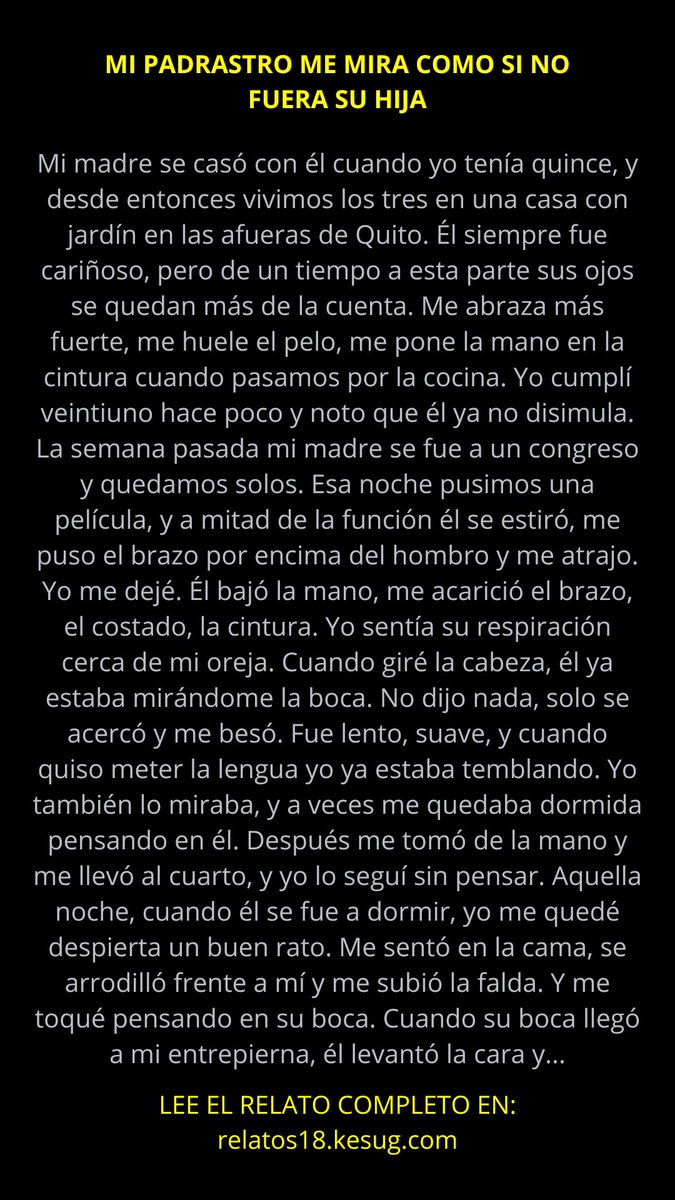 milena69x's tweet photo. MI PADRASTRO ME MIRA COMO SI NO FUERA SU HIJA

#RelatosEroticos
#HistoriasEroticas
#LiteraturaErótica
#RelatosHot
#HistoriasCalientes https://t.co/K8pfjdZjcF