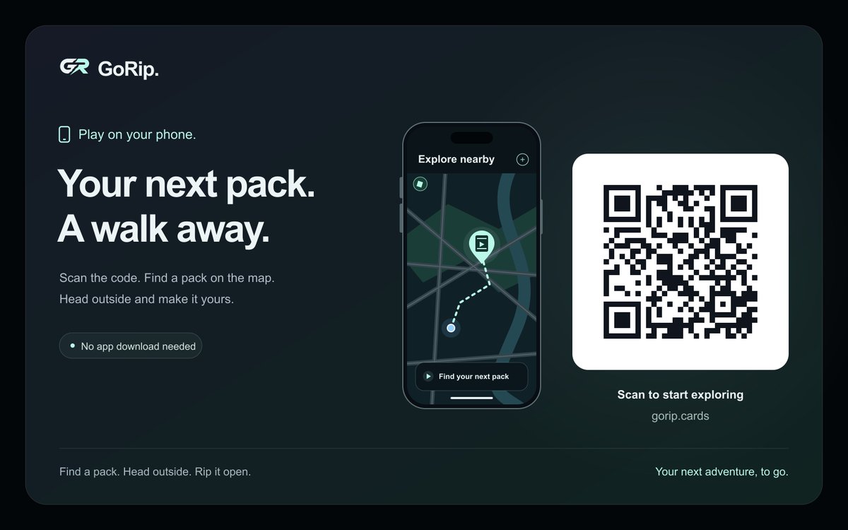 goripdotcards's tweet photo. Scan with your phone’s camera to open GoRip on mobile. 

Find a pack, head outside, and follow the map. 

No app download needed.

https://t.co/uE5m4vFBLf