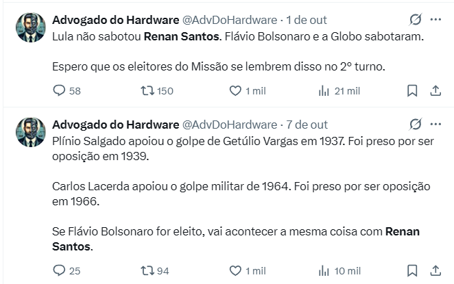 AdvDoHardware's tweet photo. Reitero: Renan Santos será perseguido no governo Bolsonaro 2. O intuito é o que fizeram com o NOVO: Destruíram João Amoedo e ofereceram viabilidade eleitoral aos seus membros. Pavanato e Holiday são exemplos.

Eles querem transformar o MISSÃO num puxadinho do PL. https://t.co/e3vFbvo1XW