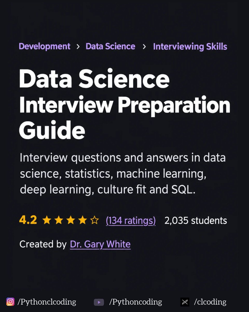 clcoding's tweet photo. Preparing for a Data Science interview? Start here.

Explore the Data Science Interview Preparation Guide covering:

Data Science & Statistics

Machine Learning & Deep Learning

SQL interview questions

Technical and culture-fit questions

Build your concepts, practice interview questions, and prepare for your next data science opportunity.

Read the full guide:
https://t.co/3ToOxdnQU2

Save this resource for your interview preparation!