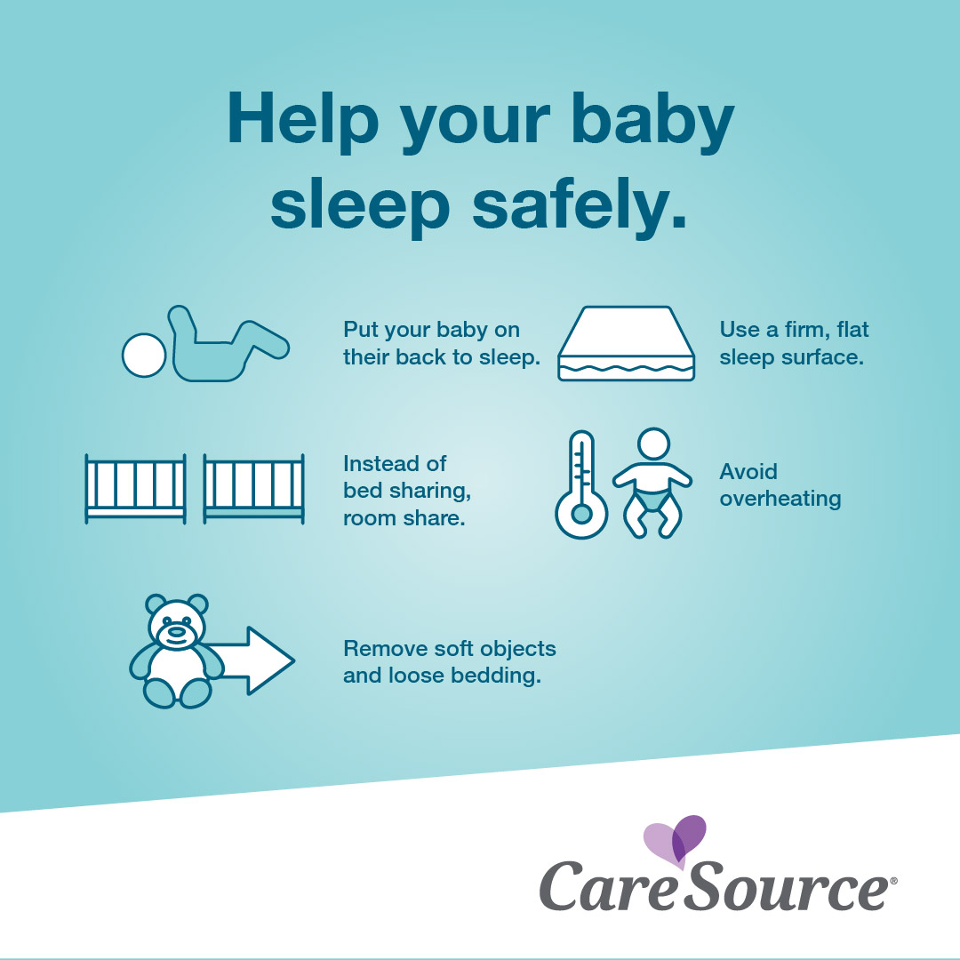 caresource's tweet photo. Sudden infant death syndrome (SIDS) is the unexplained death of a baby. The baby is often under a year old and seems to be healthy. The cause of SIDS is unknown. Here are some ways you can help your baby sleep more safely: 

💜 Put your baby on their back to sleep 
💜 Use a firm, flat sleep surface 
💜 Instead of bed sharing, room share 
💜 Avoid overheating 
💜 Remove soft objects and loose bedding 

#SIDSAwarenessMonth