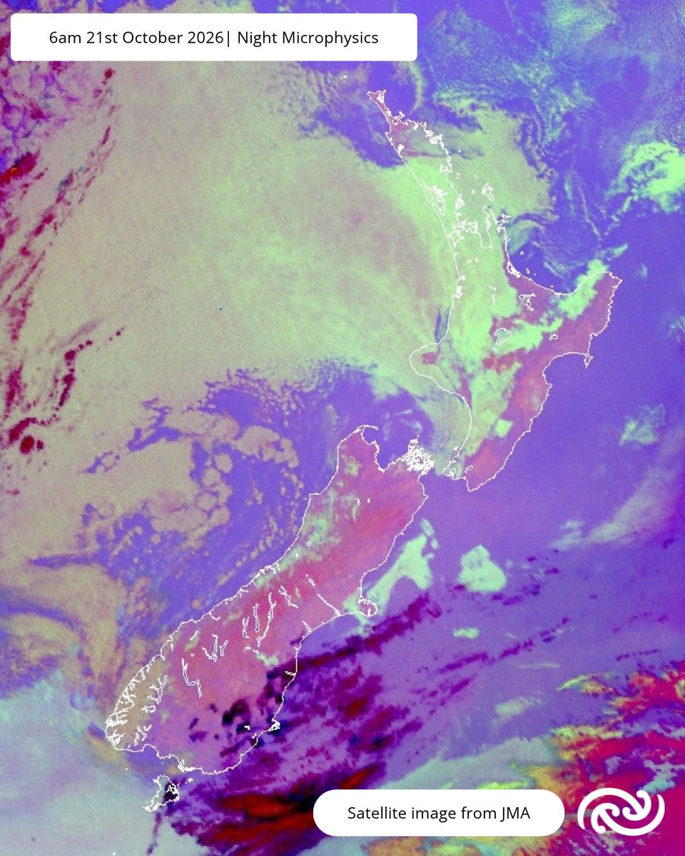 MetService's tweet photo. Mōrena Aotearoa! 🌅

This is the satellite imagery for 6am 🛰️ 

In order to be able to see clouds using satellite imagery at night, a special night microphysics imagery is used. The light green cloud indicates lower level cloud, whereas the red/black cloud indicates higher level cloud. 

Whilst clear skies have been a feature for many overnight, places in the west and central North Island are waking up to a 'blanket' of cloud.  Christchurch also has some sneaking in ☁️ but its looking to burn off this morning as the sun rises! ☀️

To see how its looking at your place today, head to https://t.co/kxelRBEDET
