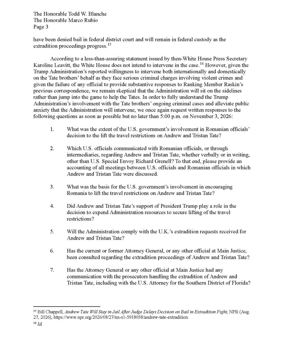RepYassAnsari's tweet photo. .@RepRaskin and I are demanding answers from @AGToddBlanche and @SecRubio about the Trump Administration's decision to intervene both internationally and domestically on the Tate brothers’ behalf — as they face serious criminal charges that include rape and sex trafficking.

I called on Oversight Committee Chairman @RepJamesComer on July 23 to investigate Andrew and Tristan Tate's ties to the Trump Administration, including to Barron Trump. Chairman Comer never responded.

We must remain vigilant and keep pressing the Administration and the Trump family on their efforts to protect the Tate Brothers.