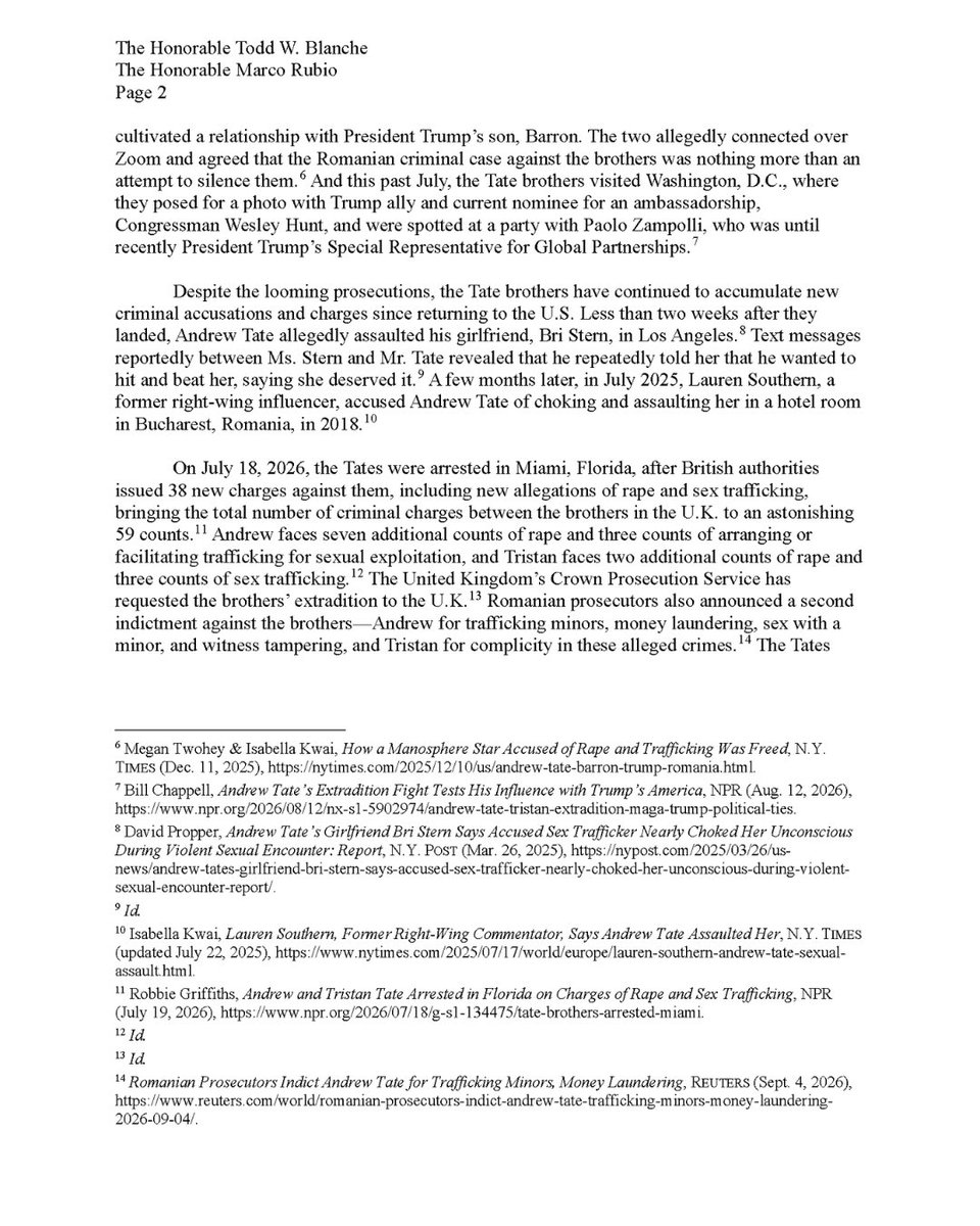 RepYassAnsari's tweet photo. .@RepRaskin and I are demanding answers from @AGToddBlanche and @SecRubio about the Trump Administration's decision to intervene both internationally and domestically on the Tate brothers’ behalf — as they face serious criminal charges that include rape and sex trafficking.

I called on Oversight Committee Chairman @RepJamesComer on July 23 to investigate Andrew and Tristan Tate's ties to the Trump Administration, including to Barron Trump. Chairman Comer never responded.

We must remain vigilant and keep pressing the Administration and the Trump family on their efforts to protect the Tate Brothers.