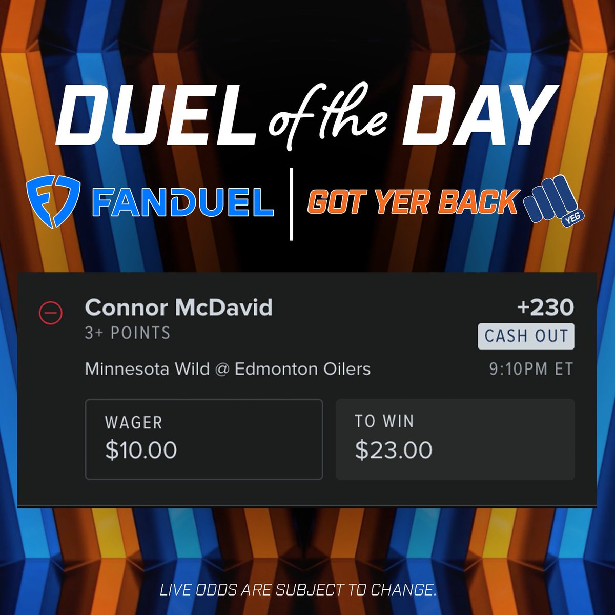 GotYerBackPod's tweet photo. 🚨97's Blistering Pace🚨

Can the Captain keep it going? For our @FanDuelCanada #DueloftheDay we're taking Connor McDavid to tally 3 or more points tonight as #LetsGoOilers host the #mnwild. Head over to https://t.co/LbmCHUjDsm and #playwithaplan.

LIVE Postgame podcast tonight! Join us!