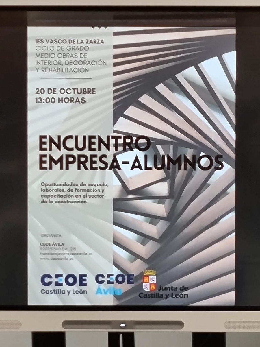 EOC_VascoZarza's tweet photo. En nuestro aula de emprendimiento hemos recibido a @CEOEAvila y Alfonso Sánchez Macho, arquitecto abulense, que ha conversado con nuestros alumnos y alumnas del CFGM y del CFGS de Edificación y Obra Civil del @IESVascoZarza ¡Muchas gracias! @AvilaEducaJCYL @educacyl  #yosoyFP https://t.co/6aAYM5A7DY
