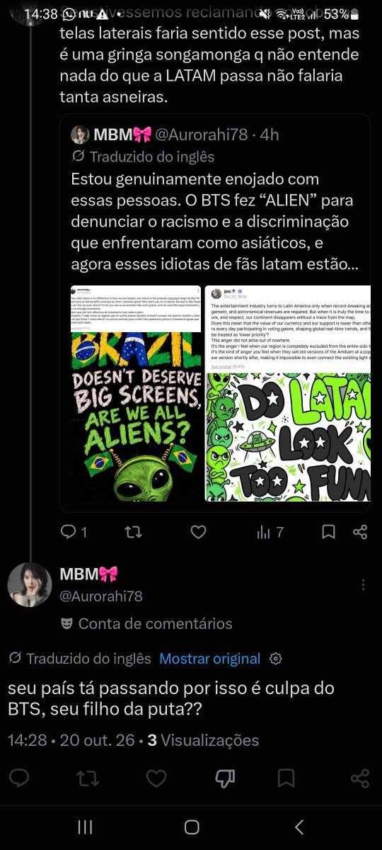 Ingriid_Chan's tweet photo. Antes de me xingar libera o respostar, gosta de latir mas não quer receber resposta também? Como já havia dito, não entende de nada fica quieta, racismo não é só com asiáticos e outra, BTS pode não ter 100% da culpa, mas eles tem poder pra decidir e mudar algo que eles queiram, não apoio o hate em cima deles, mas acho válido sim cobrar eles também, mas é muito fácil uma gringa que não tem nada haver com nossos problemas ficar latindo na Internet sem entender nada.
@Aurorahi78