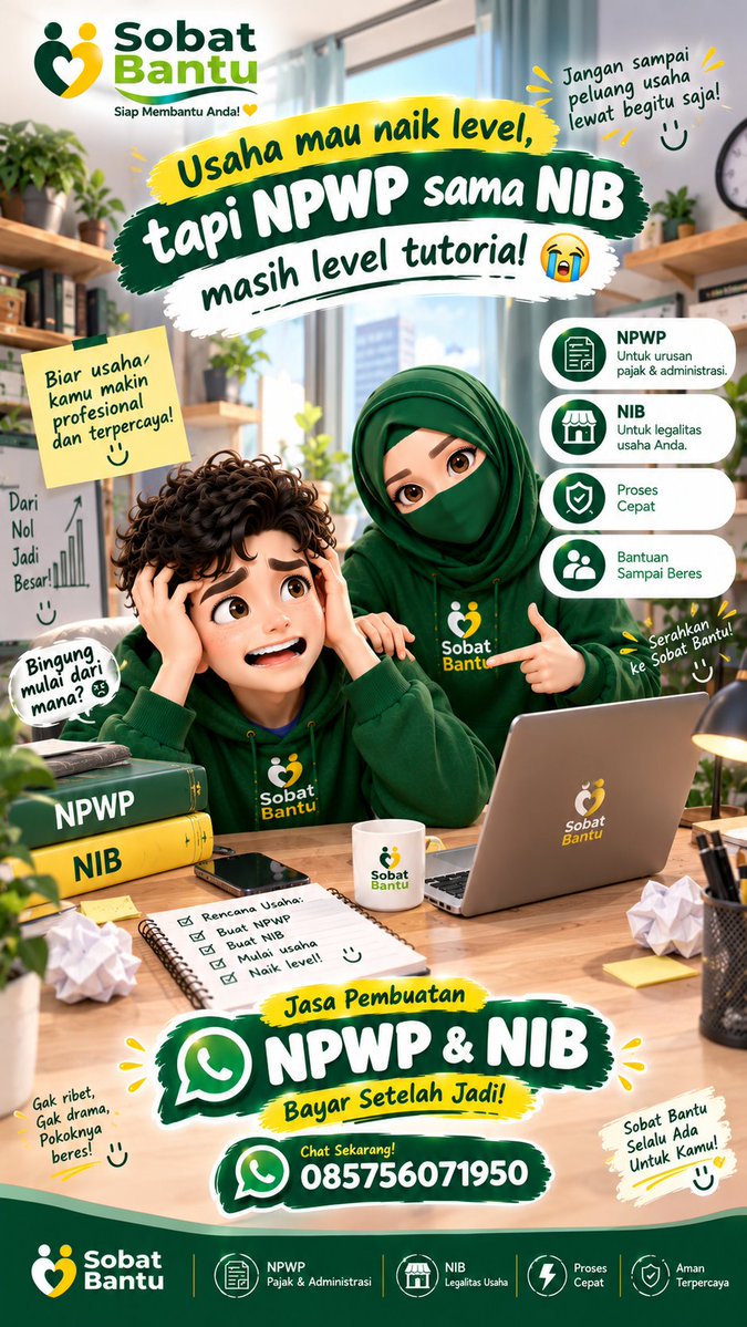 SobatBantu's tweet photo. Usaha mau naik level, tapi NPWP sama NIB masih level tutorial 😭😂

Tenang, kak! Nggak perlu pusing sendiri, Sobat Bantu siap bantu prosesnya! 💚💛

✅ Jasa pembuatan NPWP
✅ Jasa pembuatan NIB
💰 Bayar setelah jadi!

📲 WhatsApp: 085756071950 https://t.co/viGr4eQPPR