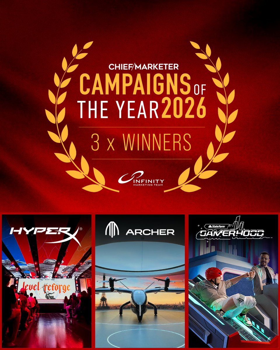 MarketInfinity's tweet photo. 3 Campaigns. 3 Wins. Unstoppable Momentum!

We are honored to celebrate THREE incredible campaigns taking home @chief_marketer Campaigns of the Year Awards! These awards recognize industry leaders setting the standard for marketing brilliance through groundbreaking ideas and innovative strategies, and we couldn't be prouder of our teams who brought them to life.

Huge congratulations to our clients and team members behind these award-winning campaigns:

HP LEVEL: Reforge
🏆 Best Campaign – Technology

Archer Aviation
🏆 Breakthrough / Challenger Brand Campaign

State Farm’s Gamerhood Season 4
🏆 Best Influencer / Creator Campaign

#CampaignsOfTheYear #InfinityMarketingTeam #ExperientialMarketing #EventProfs #ChiefMarketerAwards #AwardWinning #InnovationInMarketing