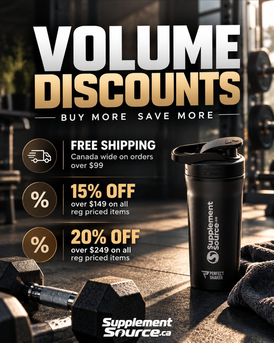 suppsourceca's tweet photo. 💪🔥 BUY MORE. SAVE MORE. IT'S THAT SIMPLE!

Your fitness essentials come with bigger savings at https://t.co/KDyiVi7UNo!

💥 SAVE 15% on regular-priced items when you spend over $149  
💥 SAVE 20% on regular-priced items when you spend over $249  
🚚 FREE Canada-wide shipping on orders over $99!

From protein powders to your everyday supplements, make every order count.

🛒 Stock up smarter at https://t.co/KDyiVi7UNo!

#SupplementSource #SupplementSourceCA #VolumeDiscount #VolumeDiscounts #BuyMoreSaveMore #SupplementDeals #SupplementDiscounts #FitnessDeals #GymDeals #ProteinDeals #ProteinPowder #WheyProtein #WheyProteinIsolate #ProteinSupplements #SportsNutrition #SportsSupplements #FitnessSupplements #GymSupplements #WorkoutSupplements #BodybuildingSupplements #NutritionSupplements #HealthSupplements #VitaminSupplements #MuscleBuilding

[Supplement Source Volume Discounts, Buy More Save More Supplements, Supplement Deals Canada, Protein Powder Discounts Canada, Fitness Supplements Sale, Sports Nutrition Deals Canada, 15% Off Regular Priced Supplements, 20% Off Supplement Orders, Free Shipping Supplements Canada, Supplement Source Canada Deals]