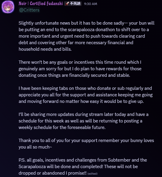 noirbunvt's tweet photo. Sad new and updates from the discord server - which you should drop by streams and get the link to join - anyways sorry my lovely critters... stuff has not been going well at home... https://t.co/0z4Na64VwS