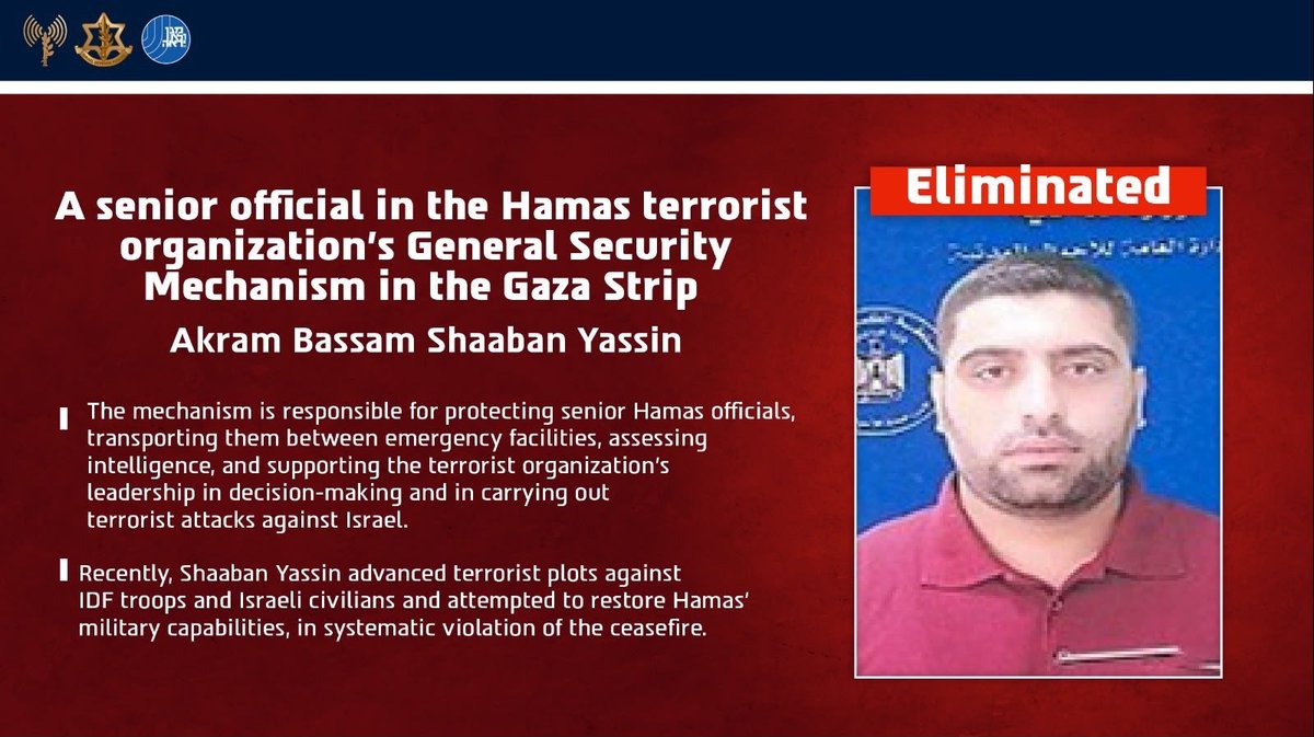 🔴ELIMINATED: Akram Bassam Shaaban Yassin, a senior official in Hamas’ General Security Mechanism in Gaza.