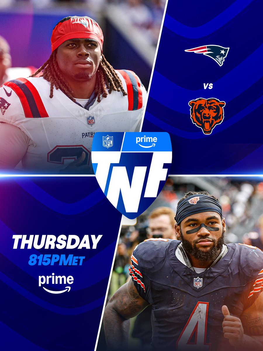 NFL's tweet photo. Which team will get the first dub of Week 7? 👀

NEvsCHI – Thursday 8:15pm ET on Prime Video
Stream on @NFLPlus https://t.co/9wsp5MCxBm