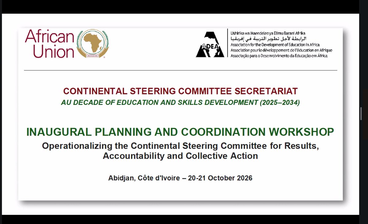NEPAD_Agency's tweet photo. Africa’s Education Decade begins with a question: Are we ready to turn ambition into action?

Today in Abidjan, Côte d’Ivoire, continental partners came together for the inaugural Planning and Coordination Workshop of the Continental Steering Committee for the African Union Decade of Education and Skills Development (2025–2034).

Convened under the leadership of the African Union Commission with ADEA as Secretariat and UNESCO and UNICEF as co-chairs the workshop focused on a challenge that will define the next ten years:

How do we organise ourselves to deliver measurable results for education and skills development across Africa?

Representing our AUDA-NEPAD on behalf of our HCID Director, @SymerreGrey, @BarbsGlover shared our Agency’s experience in turning continental commitments into practical programmes, strategic investments and real impact.

As lead of CESA Cluster 3 on TVET, STEM and Entrepreneurship, and co-lead of Cluster 9 on Education System Governance, Policy and Finance, we are bringing lessons from initiatives already making a difference across the continent.

The message is clear:

✅ Build on what already works.  
✅ Connect education and skills with digital transformation, AI, employment and financing.  
✅ Focus on implementation, accountability and measurable results.  

Through initiatives such as the Skills Initiative for Africa, Energize Africa, PIPIA, AI for Development, the Continental TVET Strategy Implementation Plan and the forthcoming AUDA-NEPAD Centre of Excellence for Human Capital and Institutional Development, we are helping transform continental ambition into opportunities for Africa’s people.

Because the success of this Decade will not be measured by the number of commitments made.

It will be measured by the classrooms improved, the teachers supported, the young people equipped with relevant skills, the enterprises created, the jobs accessed and the systems strengthened.

The next ten years are an opportunity to build stronger institutions, expand quality education, accelerate inclusive digital transformation and prepare Africa’s people for the future.

The Decade has begun. Now, it is time to deliver.

#AUDecadeOfEducation #EducationForAfrica #SkillsDevelopment #TVET #STEM #DigitalEducation #AI4D #YouthEmployment #Agenda2063 #AUDANEPAD #HumanCapitalDevelopment #AfricaRising

 @_AfricanUnion @ADEAnet @UNESCO @UNICEF @SIFA_FC @KfW_FZ_int @IDRC_CRDI @EU_Commission @GPforEducation @AfDB_Group @WorldBankAfrica @MastercardFdn @gatesfoundation @IIEP_UNESCO @UNEVOC @WorldSkills @ilo @RealSmartAfrica @GSMA @FAWEAfrica @AAU_67 @ESSA_Africa @ECA_OFFICIAL