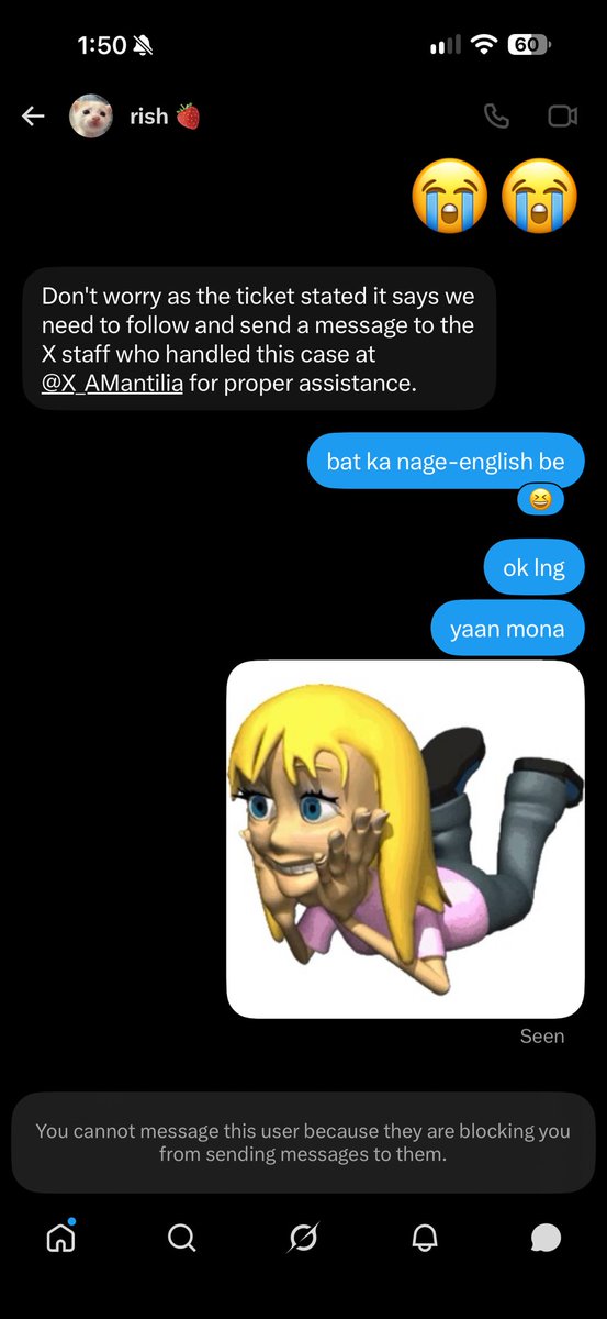 jjamibunny's tweet photo. convo nmin nung totoong owner ng account: tagalog

convo namin nung hacker: english 

tangenangyan HAUWBAJABAJAHAJAJAJAJABABHAHAHAHAHAB https://t.co/16rab5mJAm