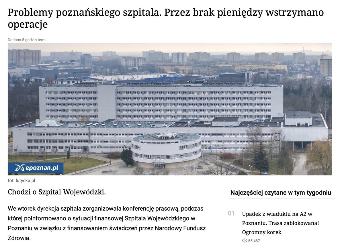 ExplicitePL's tweet photo. Szpital Wojewódzki w Poznaniu przekłada operacje na przyszły rok. Chodzi np. o zabiegi przepuklin i wszczepianie endoprotez.
Zadłużenie szpitala wynosi już 19 mln zł.
Dyrekcja wskazuje, że NFZ nie zapłacił za świadczenia nielimitowane.
Szpital ograniczył działalność operacyjną głównie do przypadków nagłych.
Pacjenci są informowani o przesunięciu terminów planowych zabiegów na 2027 rok.