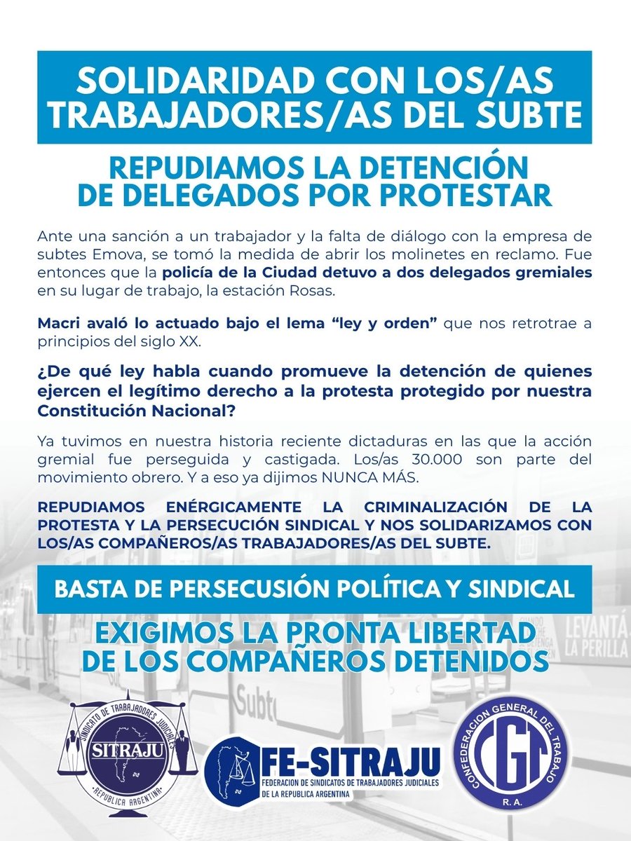 Sitraju_'s tweet photo. 📢 Solidaridad con los/as trabajadores/as del Subte.

Repudiamos la detención de delegados por protestar.

BASTA DE PERSECUSIÓN POLÍTICA Y SINDICAL‼️

¡Exigimos la pronta libertad
de los compañeros detenidos!

#SITRAJU
#TrabajadoresDelSubte
#BastaDePersecusiónPolítica https://t.co/JbPw6QGRyo