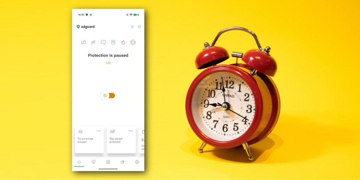 AlternativeTo's tweet photo. AdGuard for Android v4.15 now lets users pause protection for 30 seconds, 2 minutes, or 5 minutes, then automatically turns it back on.
https://t.co/YSPNhXj1pz https://t.co/CXaqV5GXAB