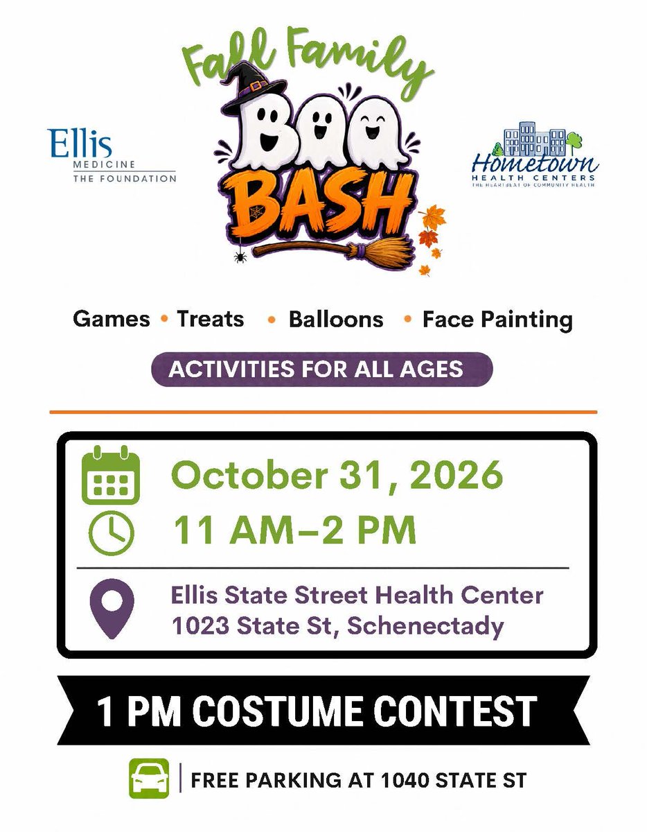 hcdinewyork's tweet photo. ๐ Free family fun is coming to Schenectady!
Join the Fall Family Boo Bash hosted by @EllisMedicine & Hometown Health Centers
๐
10/31 11AM-2PM at Ellis State Street Health Center
Games, treats, balloons, face painting & costume contest!
#BooBash #Schenectady #HalloweenFun https://t.co/hDoOoTfmIt
