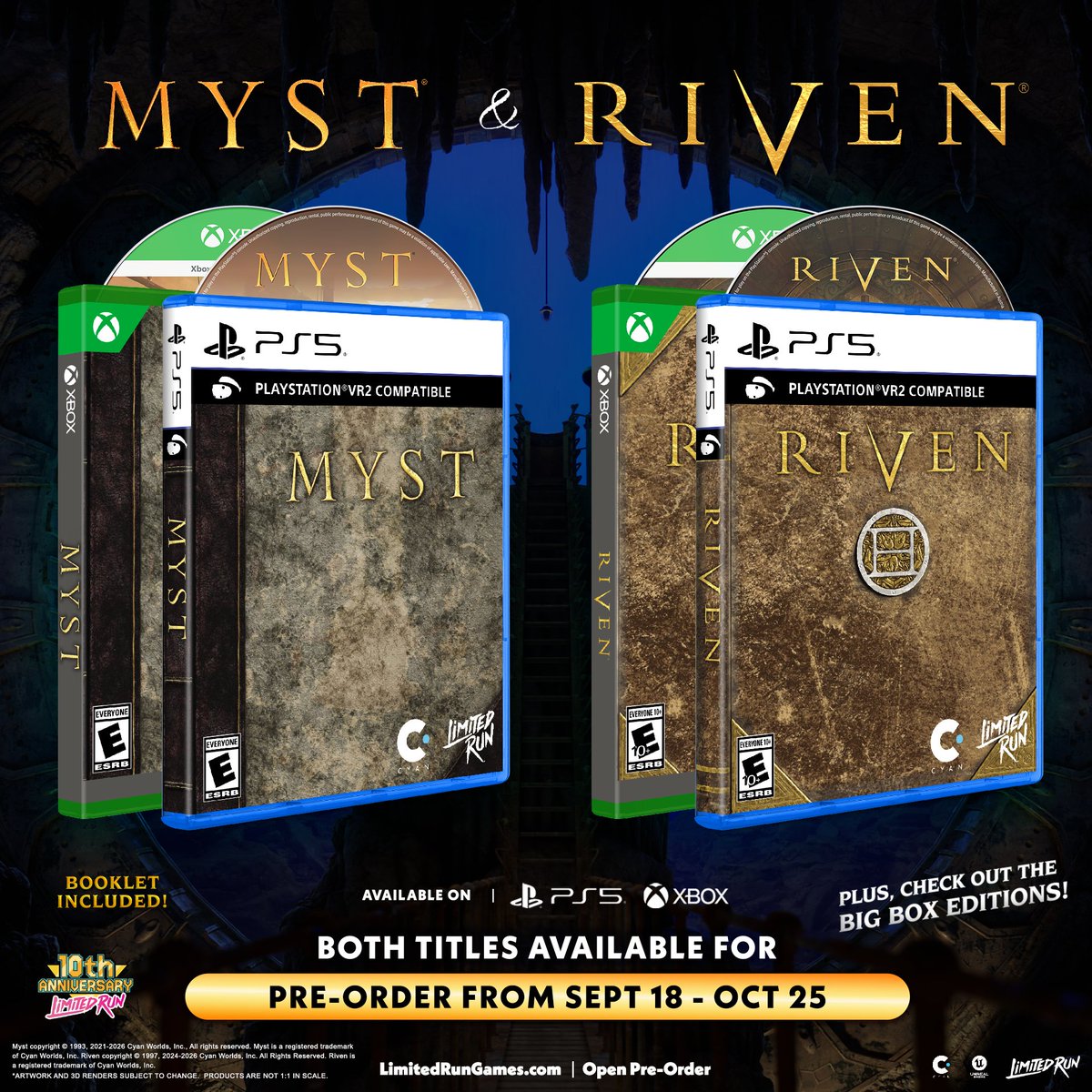 LimitedRunGames's tweet photo. Time is running out to add the Boxed Editions of Myst and Riven to your collection.
Beloved classics reimagined. Worlds of intrigue that reward careful observation. Two epic stories whose endings have yet to be written.
Pre-orders close October 25 > https://t.co/2AwwMnN0JB https://t.co/tR9B8BwQDy