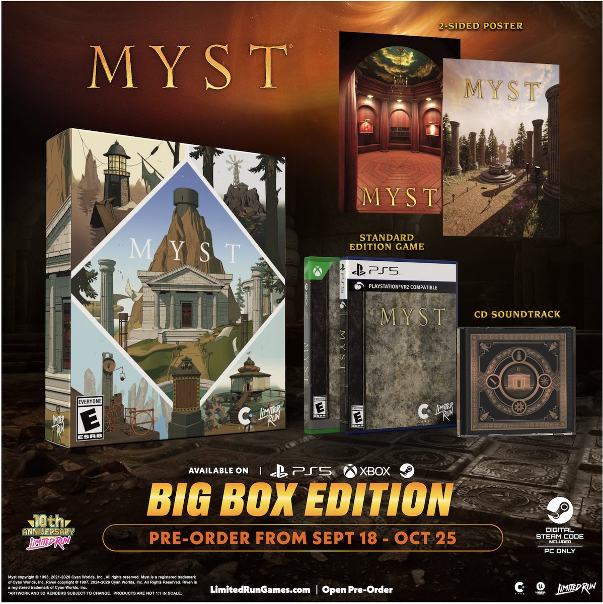 LimitedRunGames's tweet photo. Time is running out to add the Boxed Editions of Myst and Riven to your collection.
Beloved classics reimagined. Worlds of intrigue that reward careful observation. Two epic stories whose endings have yet to be written.
Pre-orders close October 25 > https://t.co/2AwwMnN0JB https://t.co/tR9B8BwQDy