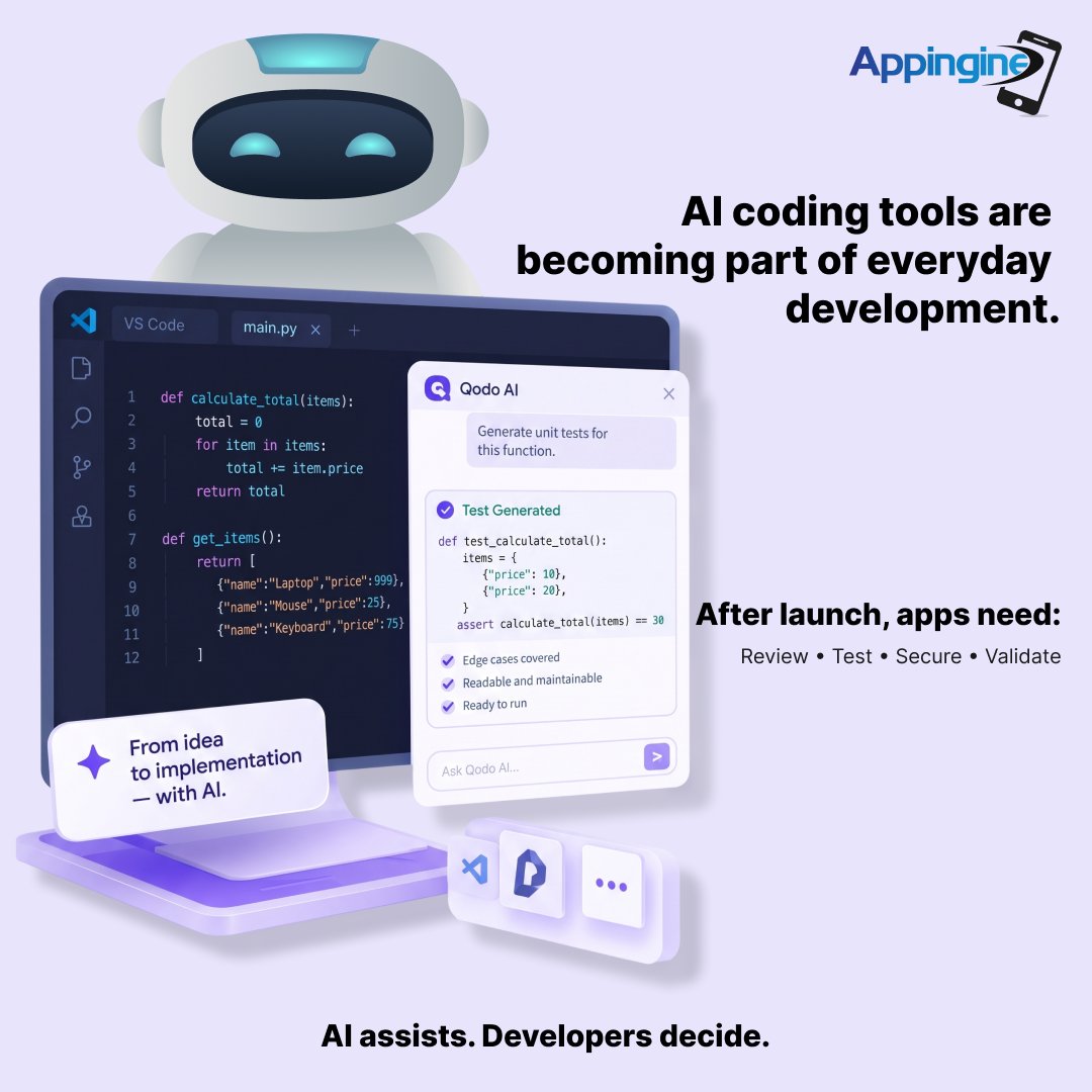 Appingine's tweet photo. 🤖 AI assists. Developers decide.

Your app needs more than generated code: review, testing, security checks, and validation—even after launch.

Get a free consultation with 𝐀𝐩𝐩𝐢𝐧𝐠𝐢𝐧𝐞!

#AppDev #AI #Leah #Foursquare #TINATUESDAY #MillionDollarPitch #Vivek #Pistons https://t.co/gTbo1FOvSA