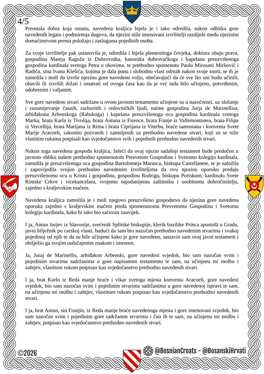 BosanskiHrvati's tweet photo. Danas 20. Listopada 1478 kraljica Katarina je stastavila njezinu oporuku.  

To ću uzeti kao povod da još jednom objavim hrvatski prijevod. 

Format slika je DIN A4 tako da se može i isprintati ako netko želi (naravno ne za komercijalne svrhe) https://t.co/OsX6dRyJkw