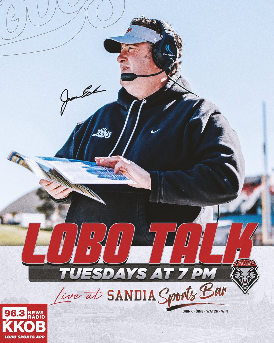 UNMLOBOS's tweet photo. LOBO TALK IS TONIGHT!!!

Head to @sandia_casino tonight and catch Lobo Talk with @UNMLoboFB @Coach_Eck and @RobTalksLobos from 7- 8 p.m. 

Great food and drink specials as you enjoy the show!    

Special guests are TEs coach Zach Lujan and tight end Cade Keith.

Call 505-243-3333 with questions.   

Listen live on KKOB: https://t.co/RhIwCpmArB  
Live: https://t.co/nDlsthkjEW

#GoLobos