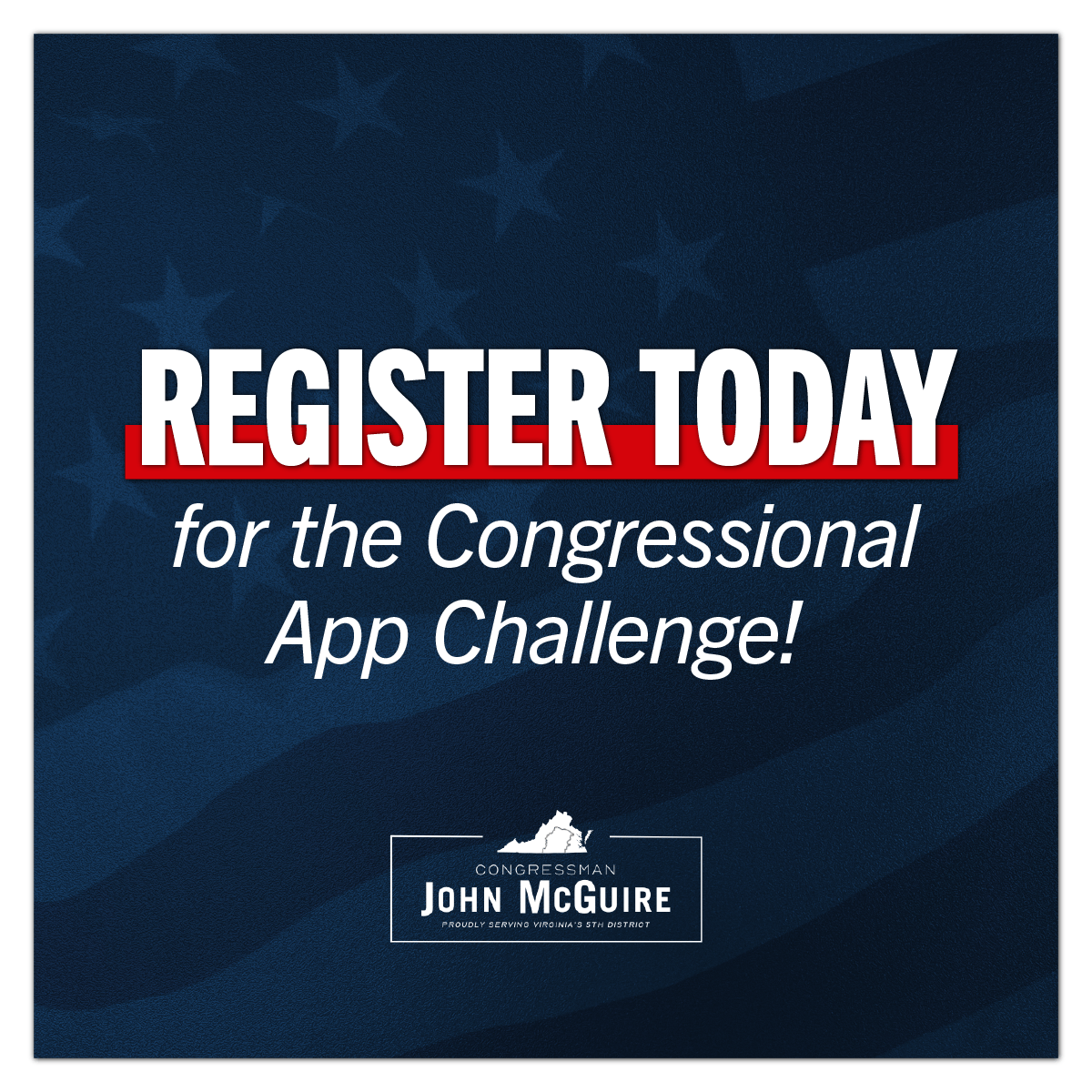 A political promotional graphic with large white lettering over a dark blue textured background, a red underline, and a small campaign logo near the bottom.