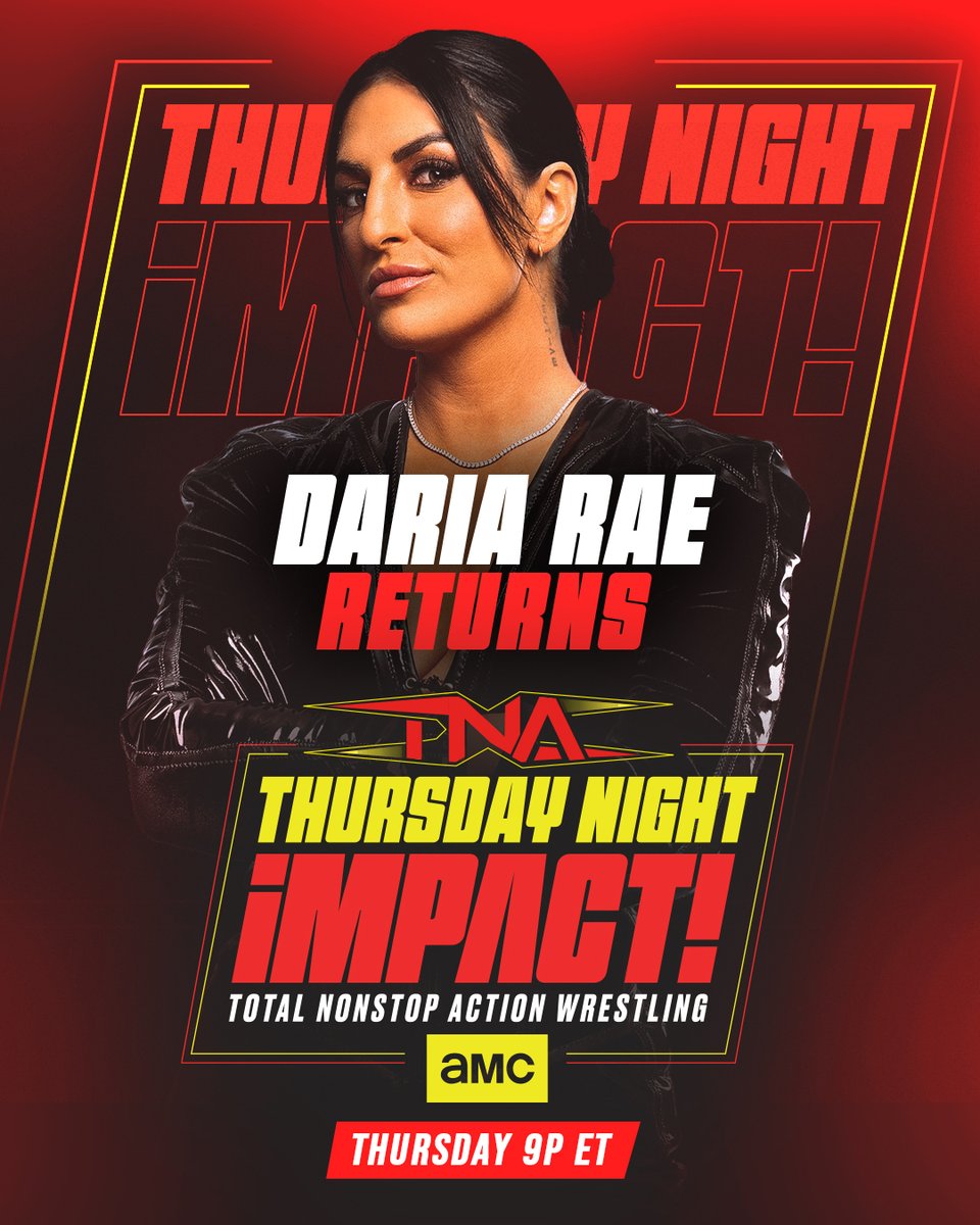 ThisIsTNA's tweet photo. The S.U.I.T. is BACK! 

@TheDariaRae returns from her suspension and will kick off #TNAiMPACT THURSDAY at 9/8c on @AMC_TV, @AMCPlus and TNA+, and 8pm ET on @Sportsnet 360. https://t.co/XKGV6KkzQ6