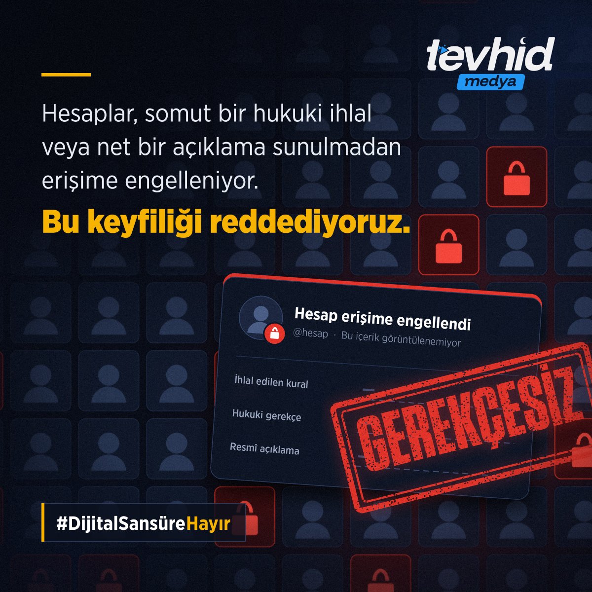 _tevhidekip_'s tweet photo. Hesaplar, somut bir hukuki ihlal veya net bir açıklama sunulmadan erişime engelleniyor. Bu keyfiliği reddediyoruz.
 
 #DijitalSansüreHayır https://t.co/rbkH8DJmCO