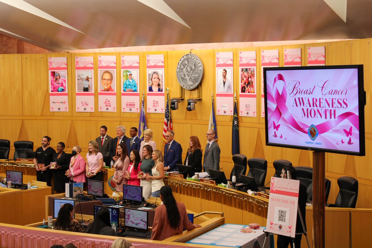 CommishTick's tweet photo. Today’s Board meeting was special!

We honored breast cancer survivors and advocates and recognized my dear friend Kathy England for her legal advocacy.

I also presented Dr. Victoria Farley with a proclamation for National Latino Physician Day alongside UNLV medical students! https://t.co/TOnepWlN7k