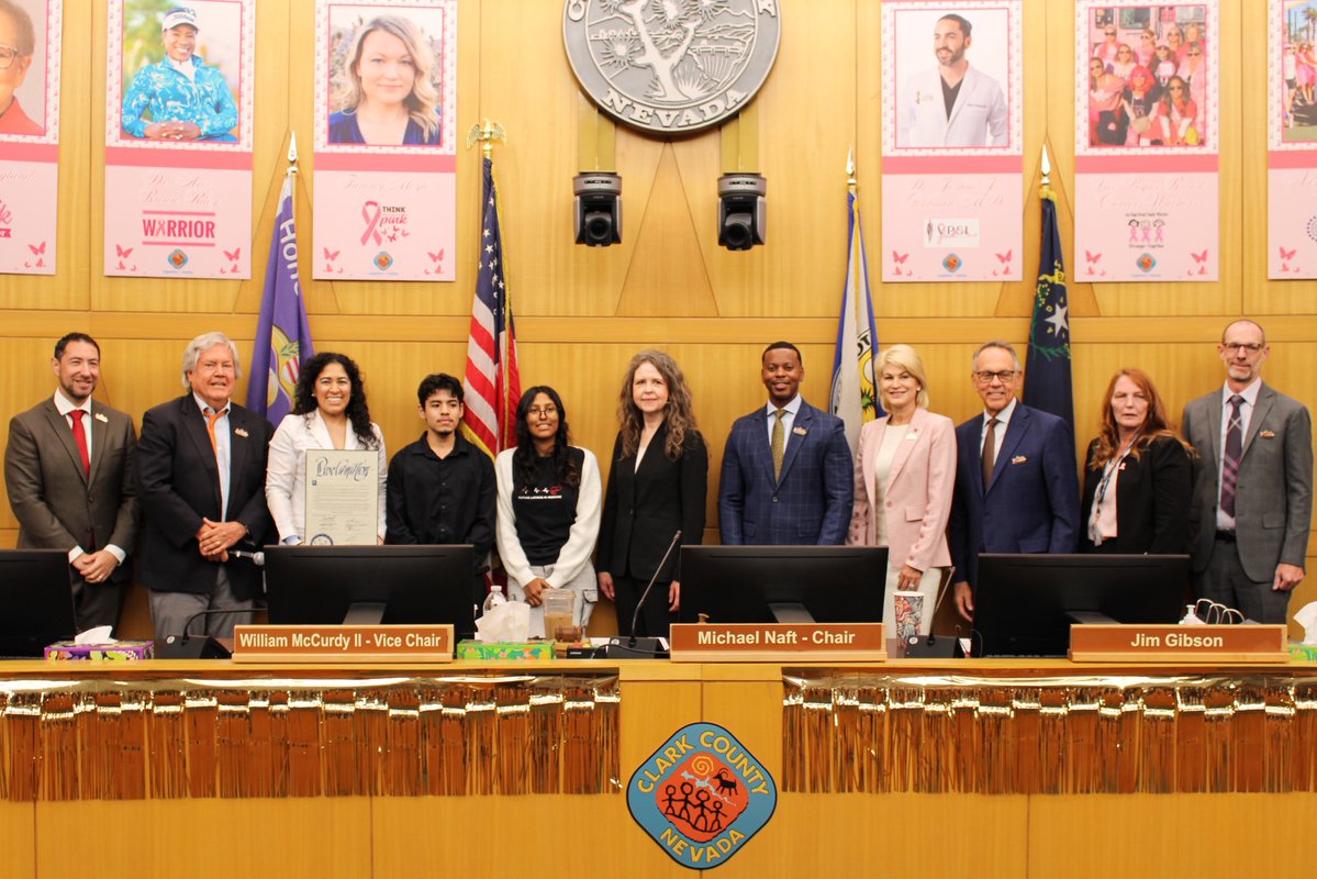 CommishTick's tweet photo. Today’s Board meeting was special!

We honored breast cancer survivors and advocates and recognized my dear friend Kathy England for her legal advocacy.

I also presented Dr. Victoria Farley with a proclamation for National Latino Physician Day alongside UNLV medical students! https://t.co/TOnepWlN7k