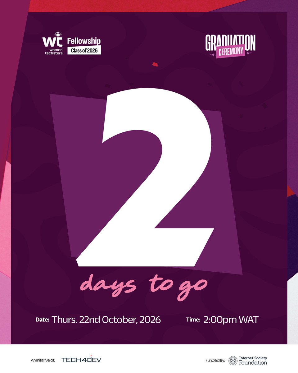 Tech4DevHQ's tweet photo. 2 DAYS TO GO!

We are getting closer to celebrating the Women Techsters Fellowship Class of 2026!

In just two days, our Fellows will mark the completion of an intensive learning journey that has seen them build technical and AI skills, work on real-world projects, strengthen their professional skills and prepare for opportunities beyond the Fellowship.

Across 8 learning tracks, the Class of 2026 has spent the past year learning, building, collaborating and putting their skills into practice.

Now, graduation is almost here, and we can’t wait to celebrate this milestone with them.

Class of 2026, just 2 days to go! How are we feeling? 👀🎓💜

#WomenTechstersFellowship #WTFClassof2026 #Tech4Dev #WomenInTech