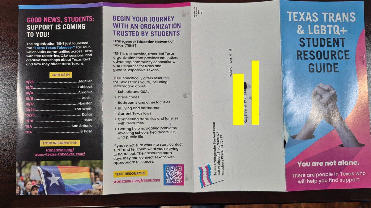 MQSullivan's tweet photo. Statewide, families are getting materials promoting an organization that seeks to mutilate children. 

The "Trans Educational Network of Texas" now claims not to be responsible for the mailings... But they target children with their predatory ideology, so I am not sure they are trustworthy.