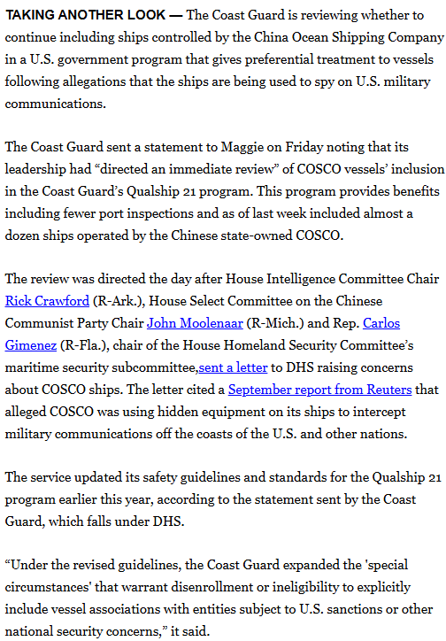 ChinaSelect's tweet photo. The Coast Guard has ordered an immediate review of Chinese state-owned COSCO vessels’ eligibility for a program that reduces port inspections, @Politico reports. This action comes after Chairman @RepMoolenaar, @RepRickCrawford, and @RepCarlos sent a letter to @DHSGov raising these concerns.

Granting a Chinese military company fewer inspections at American ports should not be allowed. Thank you @DHSGov for taking action.